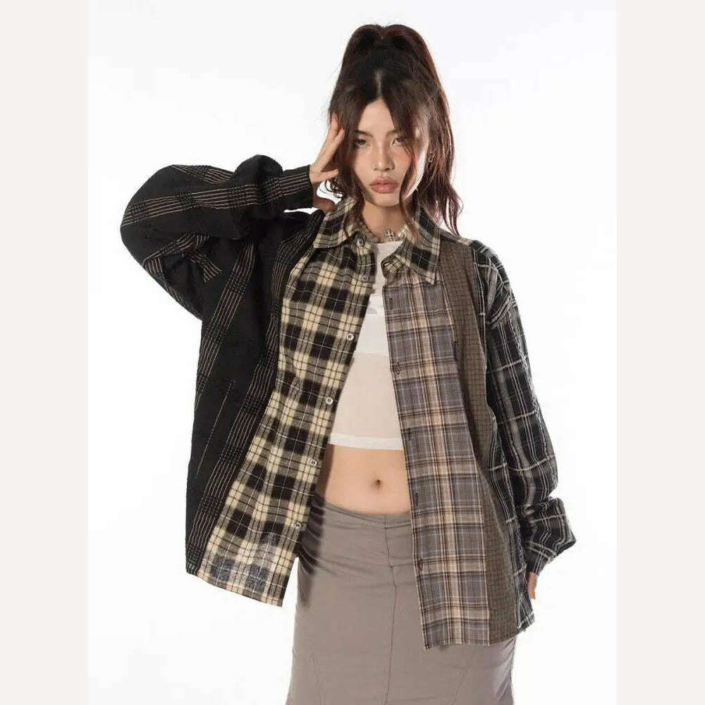 Tawaaiw Streetwear Patchwork Plaid Shirt Women Long Sleeve Korean Style Single Breasted High Quality Cotton Loose Blouse Chic - Image 3