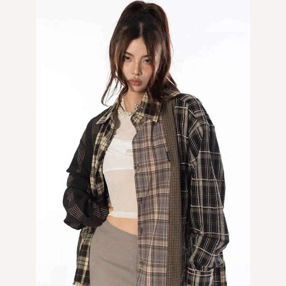 Tawaaiw Streetwear Patchwork Plaid Shirt Women Long Sleeve Korean Style Single Breasted High Quality Cotton Loose Blouse Chic - Image 5