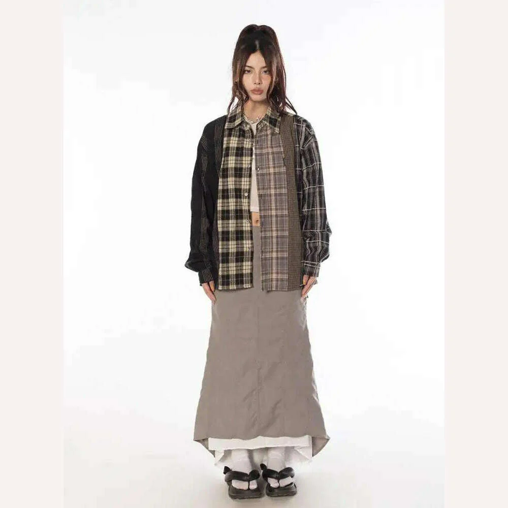 Tawaaiw Streetwear Patchwork Plaid Shirt Women Long Sleeve Korean Style Single Breasted High Quality Cotton Loose Blouse Chic - Image 6