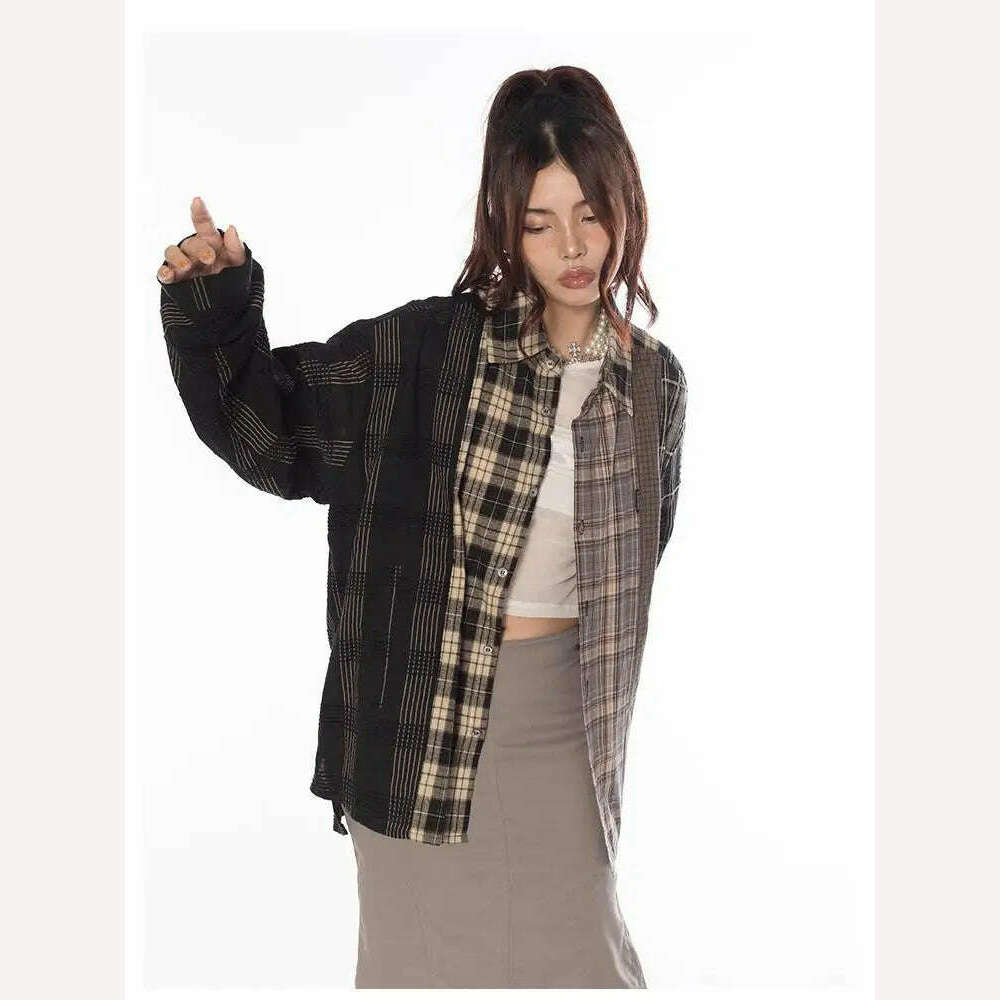 Tawaaiw Streetwear Patchwork Plaid Shirt Women Long Sleeve Korean Style Single Breasted High Quality Cotton Loose Blouse Chic - Image 8