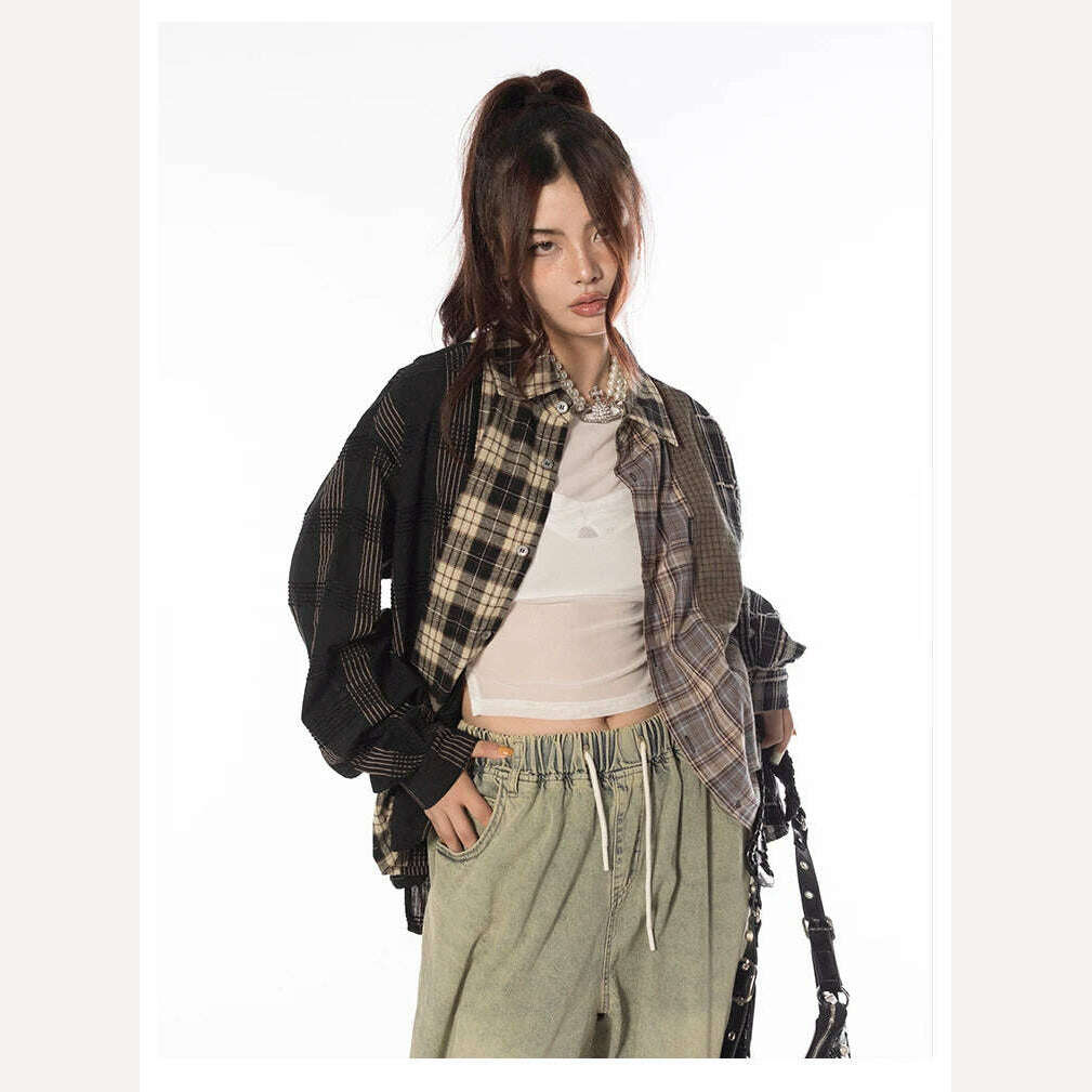 Tawaaiw Streetwear Patchwork Plaid Shirt Women Long Sleeve Korean Style Single Breasted High Quality Cotton Loose Blouse Chic - Image 9