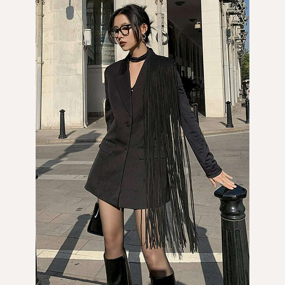 TWOTWINSTYLE Korean Fashion Black Patchwork Tassels Blazer For Women Notched Collar Long Sleeve Solid Blazers Female Spring 2023 - Image 11