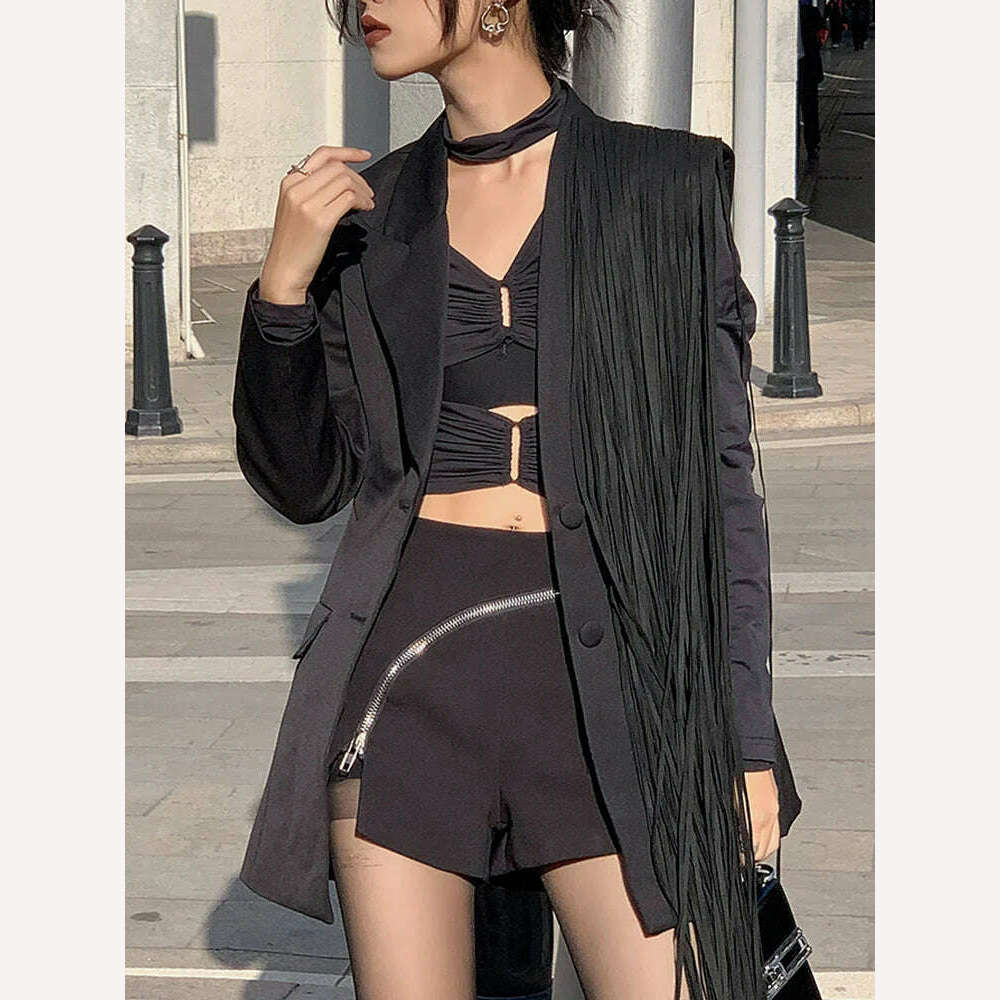 TWOTWINSTYLE Korean Fashion Black Patchwork Tassels Blazer For Women Notched Collar Long Sleeve Solid Blazers Female Spring 2023 - Image 12