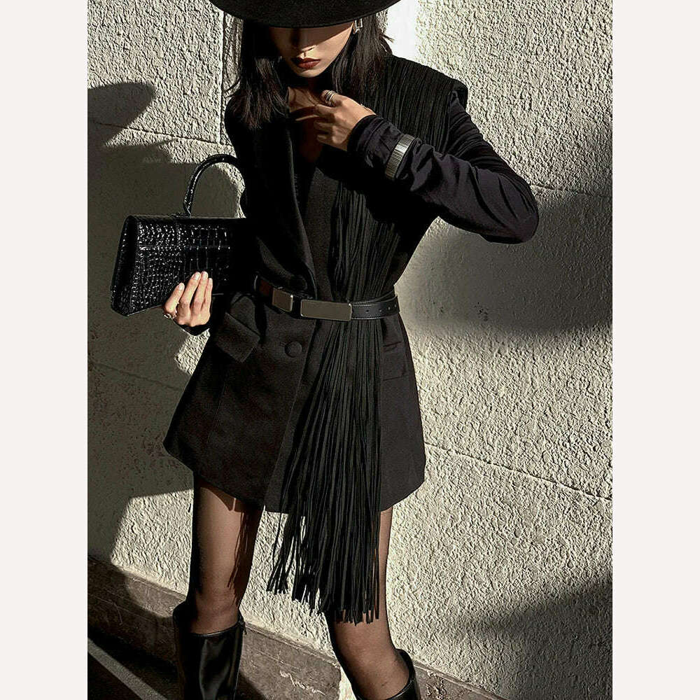 TWOTWINSTYLE Korean Fashion Black Patchwork Tassels Blazer For Women Notched Collar Long Sleeve Solid Blazers Female Spring 2023 - Image 14