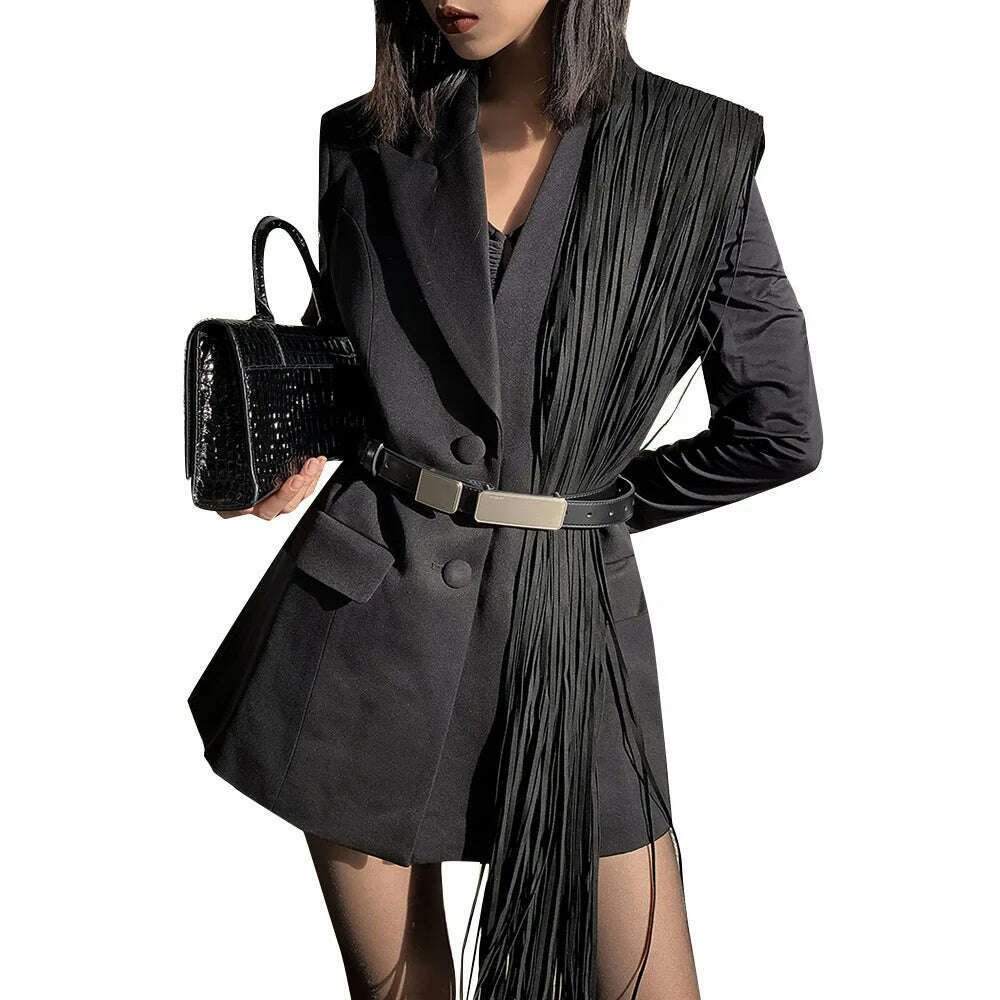 TWOTWINSTYLE Korean Fashion Black Patchwork Tassels Blazer For Women Notched Collar Long Sleeve Solid Blazers Female Spring 2023 - Image 16