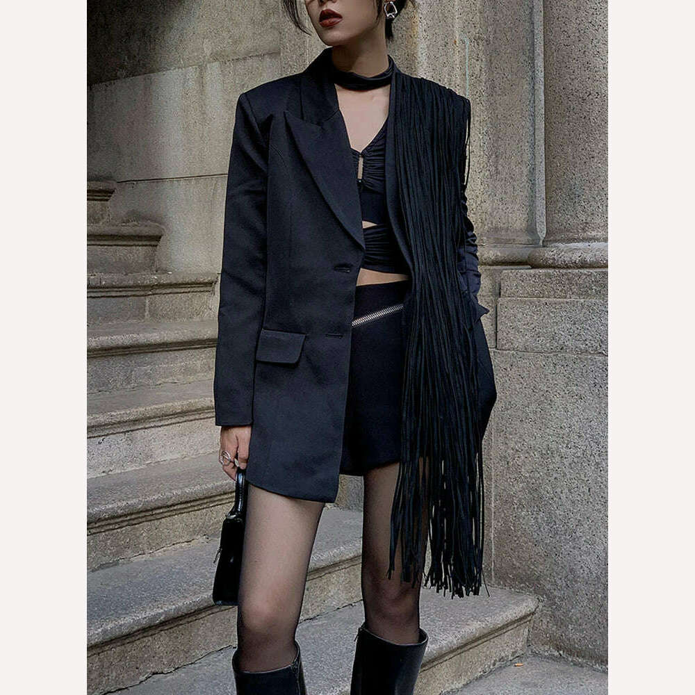 TWOTWINSTYLE Korean Fashion Black Patchwork Tassels Blazer For Women Notched Collar Long Sleeve Solid Blazers Female Spring 2023 - Image 3