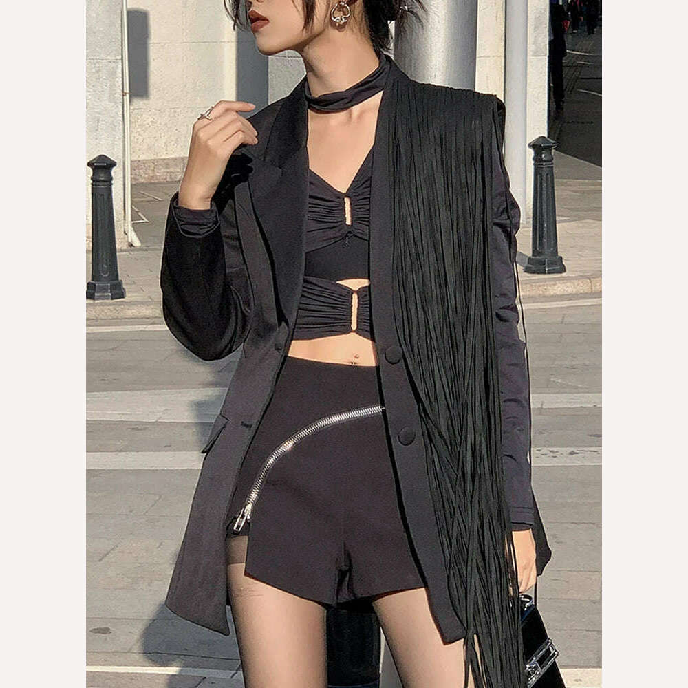 TWOTWINSTYLE Korean Fashion Black Patchwork Tassels Blazer For Women Notched Collar Long Sleeve Solid Blazers Female Spring 2023 - Image 4