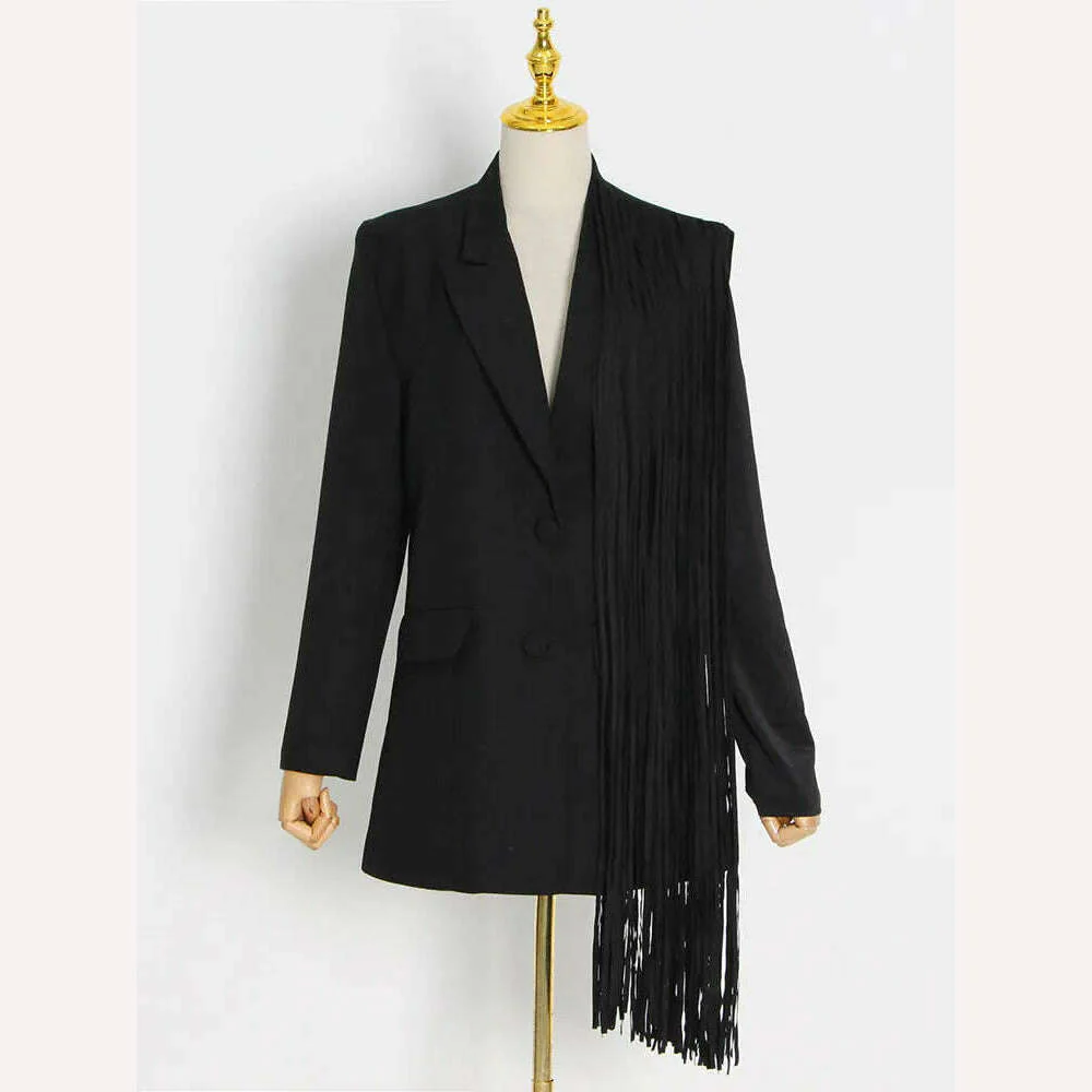 TWOTWINSTYLE Korean Fashion Black Patchwork Tassels Blazer For Women Notched Collar Long Sleeve Solid Blazers Female Spring 2023 - Image 5