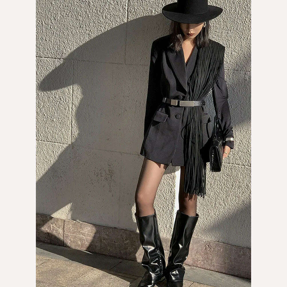 TWOTWINSTYLE Korean Fashion Black Patchwork Tassels Blazer For Women Notched Collar Long Sleeve Solid Blazers Female Spring 2023 - Image 7