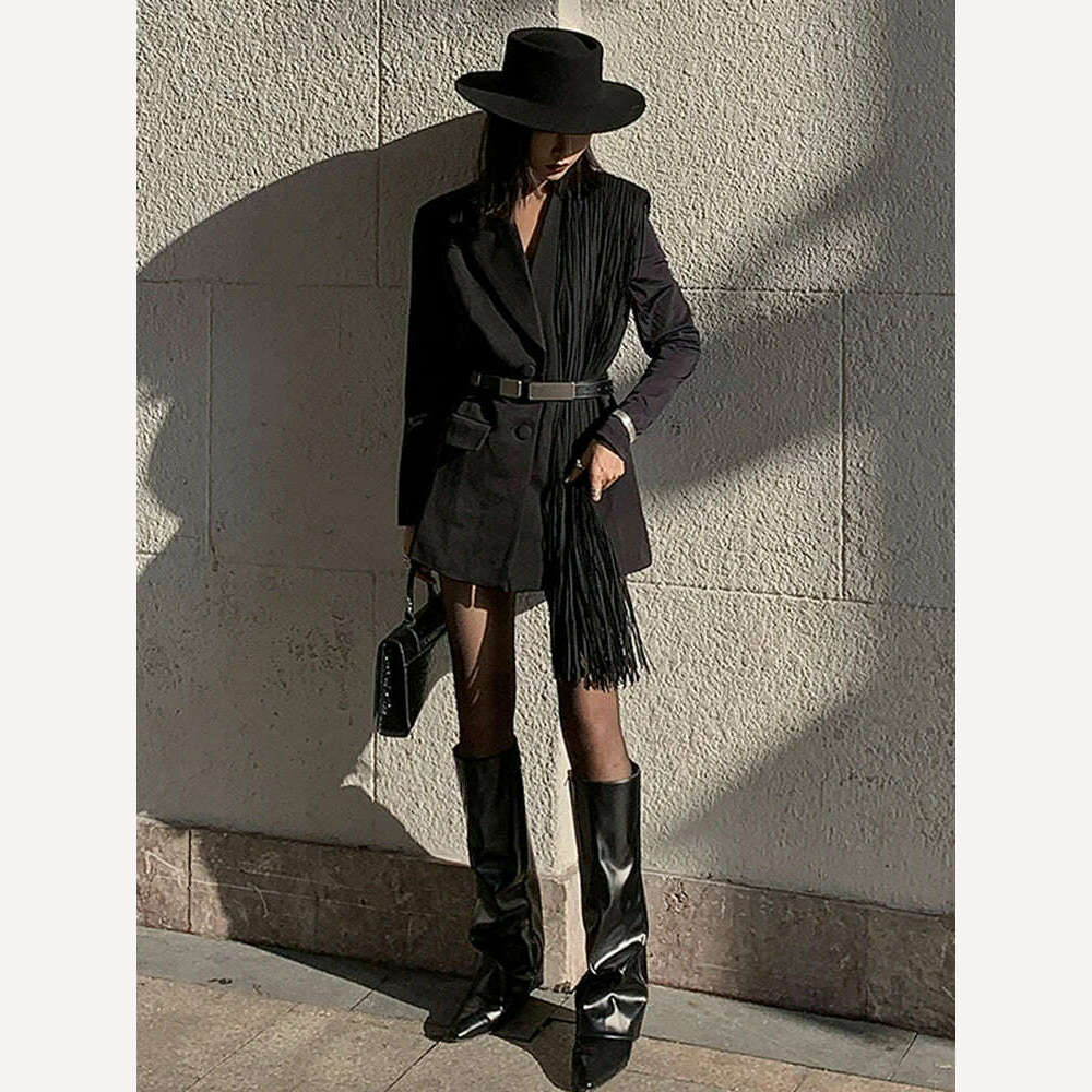TWOTWINSTYLE Korean Fashion Black Patchwork Tassels Blazer For Women Notched Collar Long Sleeve Solid Blazers Female Spring 2023 - Image 8