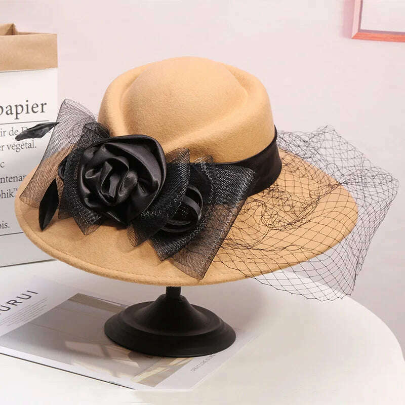 Veil Black Women Winter Fedora 100% Australian Wool Cloche Hats Female Wide Brim Felt Hat Ladies Bowknot For Church Caps 56-58cm - Image 4