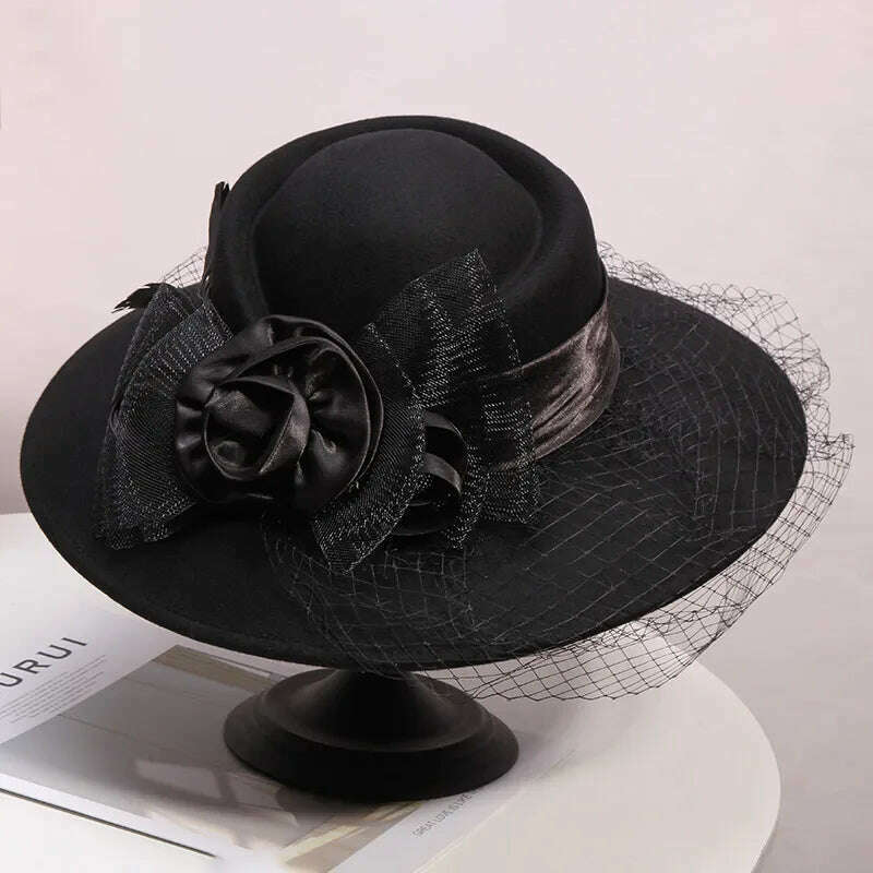Veil Black Women Winter Fedora 100% Australian Wool Cloche Hats Female Wide Brim Felt Hat Ladies Bowknot For Church Caps 56-58cm - Image 5