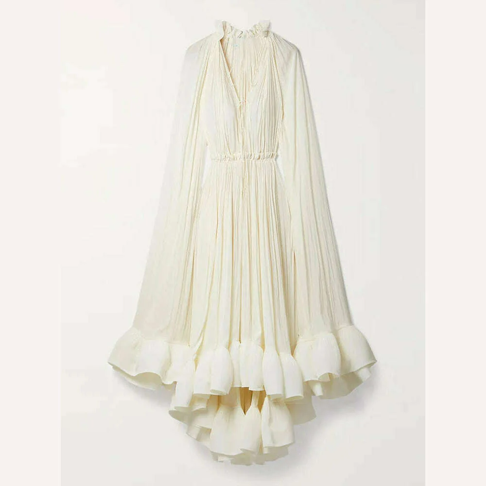 VGH Ruffles Irregular Solid Dresses For Women V Neck Cloak Sleeves High Waist Spliced Lace Up Loose Folds Dress Female Summer - Image 8