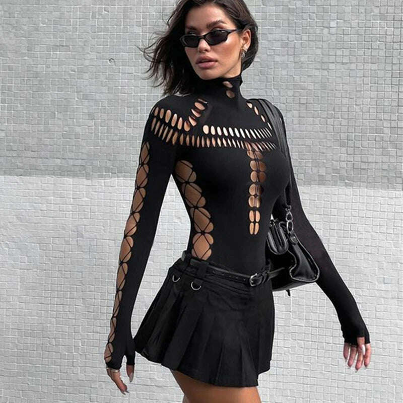 WhereMery Solid Hollow Out High Collar Bodysuit Sexy Bodycon Skinny Long Sleeves T Shirts Women Gothic Punk Streetwear Bodysuits - Image 5