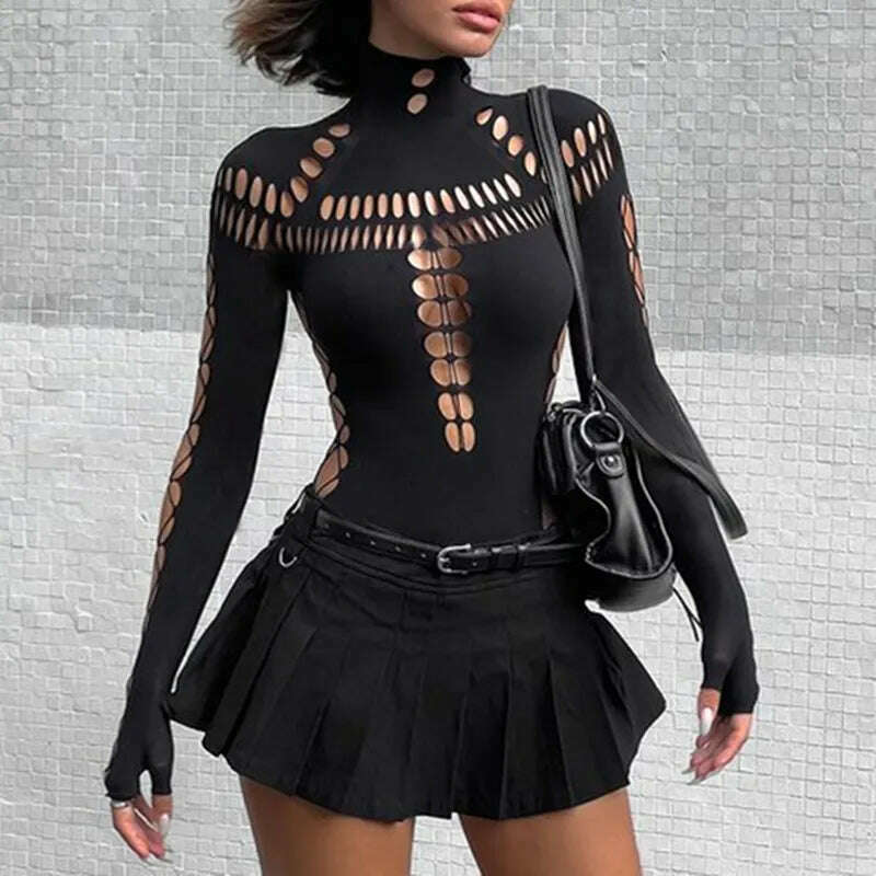 WhereMery Solid Hollow Out High Collar Bodysuit Sexy Bodycon Skinny Long Sleeves T Shirts Women Gothic Punk Streetwear Bodysuits - Image 8