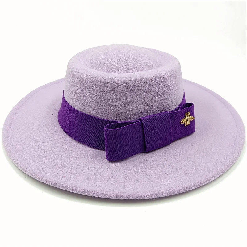 Wholesale Fedora hats Winter round concave convex surface flat top bow elastic ribbon men's and women's felt jazz hats Fedora - Image 32