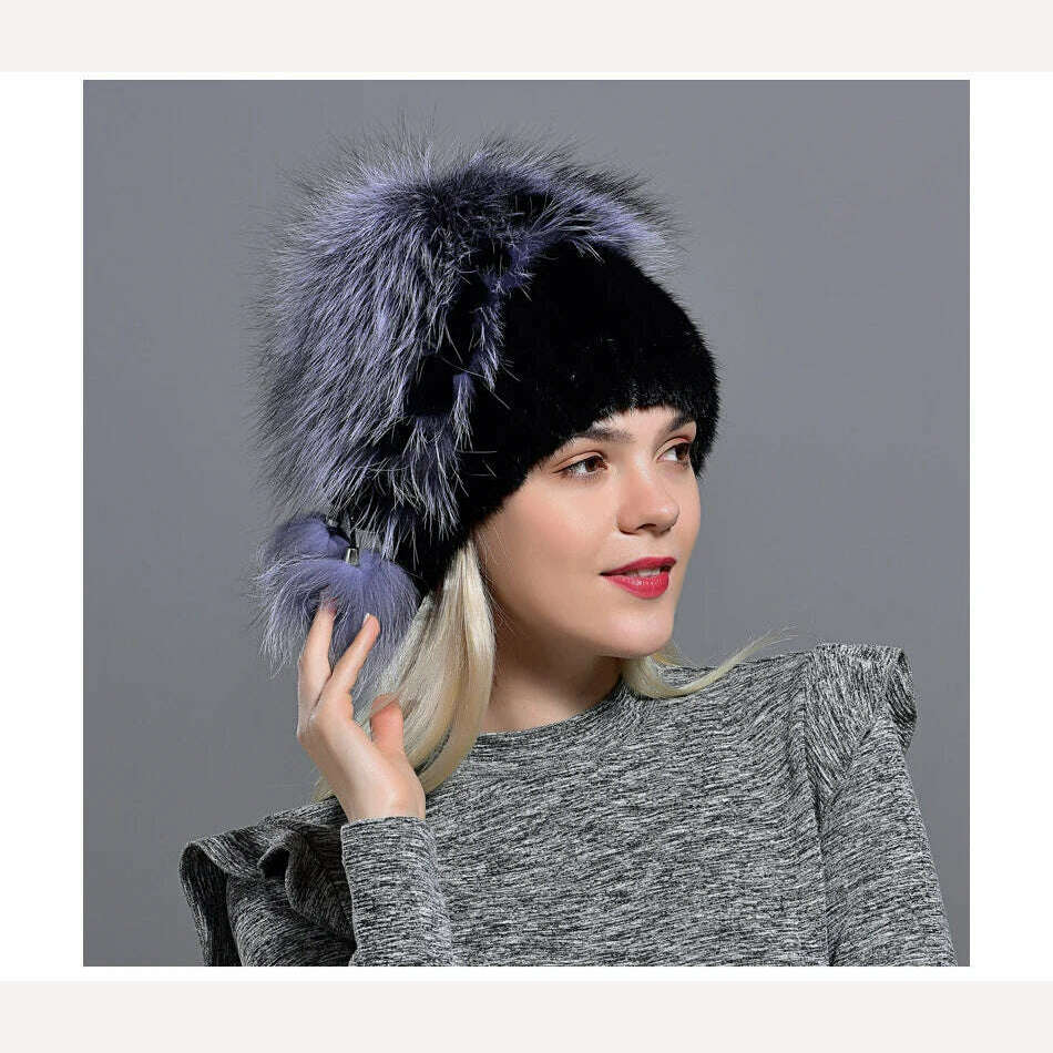 winter hat mink women knitted fox fur pompom warm cap floral fashionable fluffy elegant female genuine natural fur hats caps - Image 10