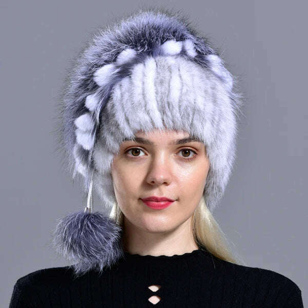 winter hat mink women knitted fox fur pompom warm cap floral fashionable fluffy elegant female genuine natural fur hats caps - Image 3
