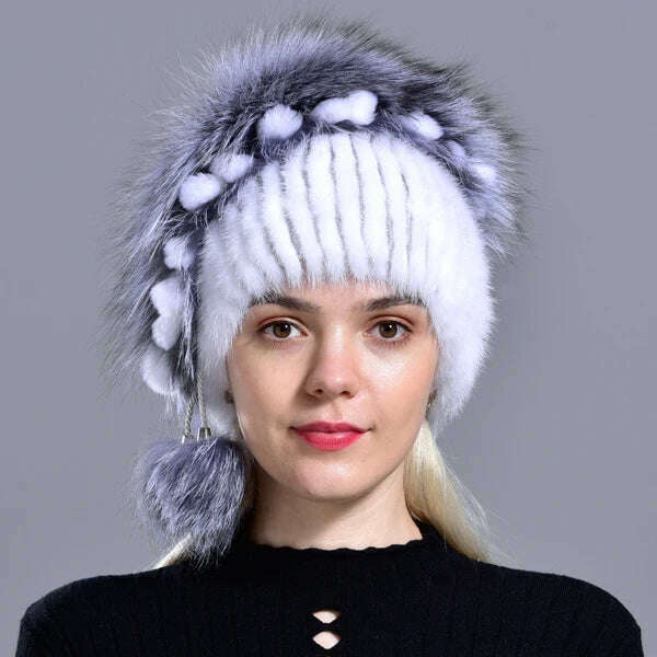 winter hat mink women knitted fox fur pompom warm cap floral fashionable fluffy elegant female genuine natural fur hats caps - Image 4