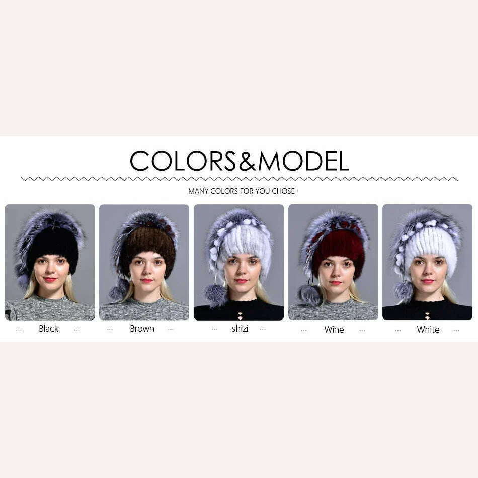 winter hat mink women knitted fox fur pompom warm cap floral fashionable fluffy elegant female genuine natural fur hats caps - Image 7