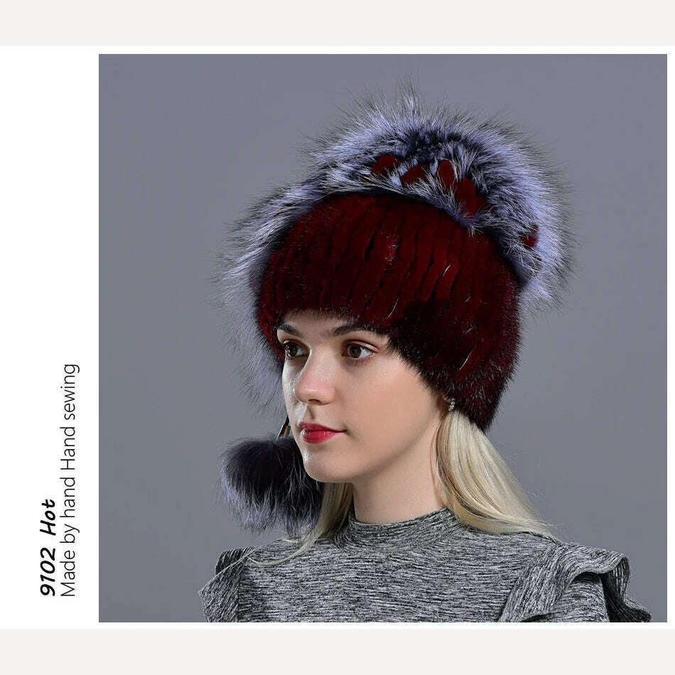 winter hat mink women knitted fox fur pompom warm cap floral fashionable fluffy elegant female genuine natural fur hats caps - Image 9