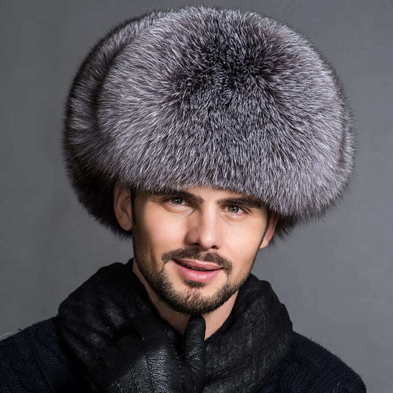 Winter Men's 100% Real Silver Fox Fur Aviator Bomber Hat Raccoon Fur Ushanka Cap Trapper Russian Man Ski Hats Caps Real Leather - Image 14