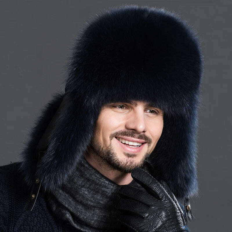 Winter Men's 100% Real Silver Fox Fur Aviator Bomber Hat Raccoon Fur Ushanka Cap Trapper Russian Man Ski Hats Caps Real Leather - Image 17