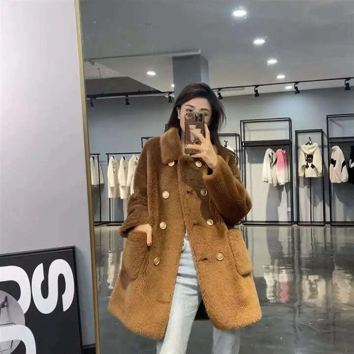 Women 2022 Winter Fashion Double-breasted Warm Coats Female Genuine Lamb Fur Jackets Ladies Long Sheep Shearing Thick Overcoats - Image 14