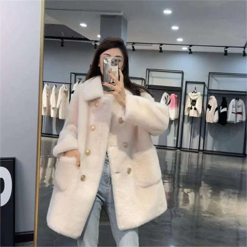 Women 2022 Winter Fashion Double-breasted Warm Coats Female Genuine Lamb Fur Jackets Ladies Long Sheep Shearing Thick Overcoats - Image 7