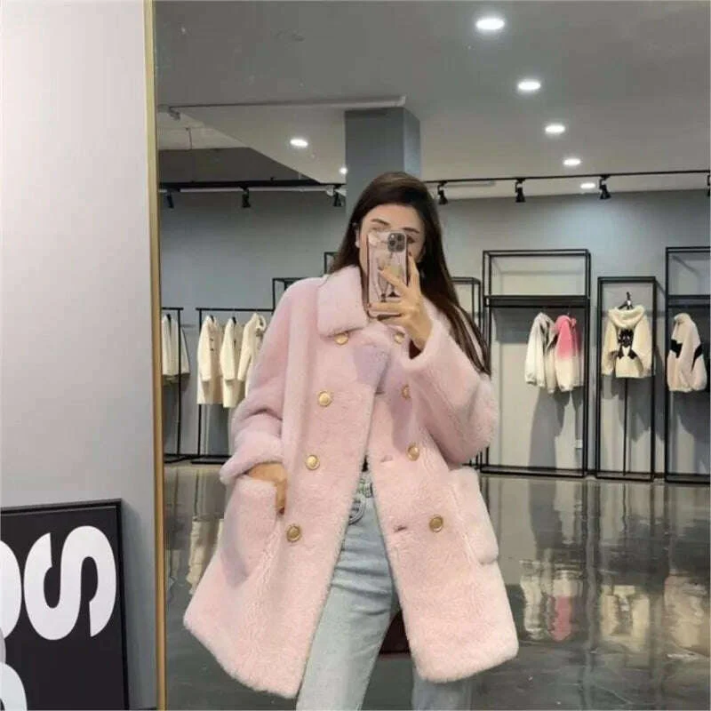 Women 2022 Winter Fashion Double-breasted Warm Coats Female Genuine Lamb Fur Jackets Ladies Long Sheep Shearing Thick Overcoats - Image 9