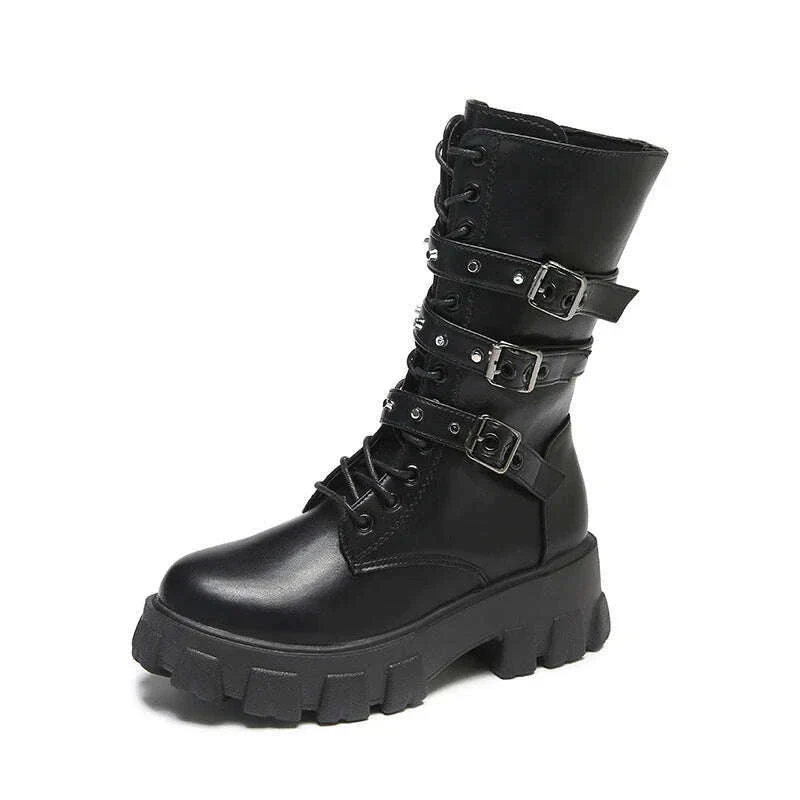 WOMEN ANKLE BOOTS Goth Boots Woman Winter 2022 Platform Shoes Sneakers Studded Belt Buckle Punk Army Chunky Heels Mid Calf Boots - Image 3
