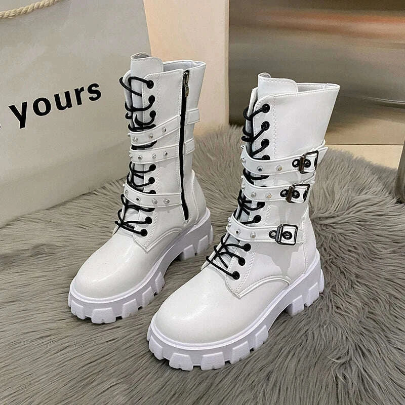 WOMEN ANKLE BOOTS Goth Boots Woman Winter 2022 Platform Shoes Sneakers Studded Belt Buckle Punk Army Chunky Heels Mid Calf Boots - Image 4