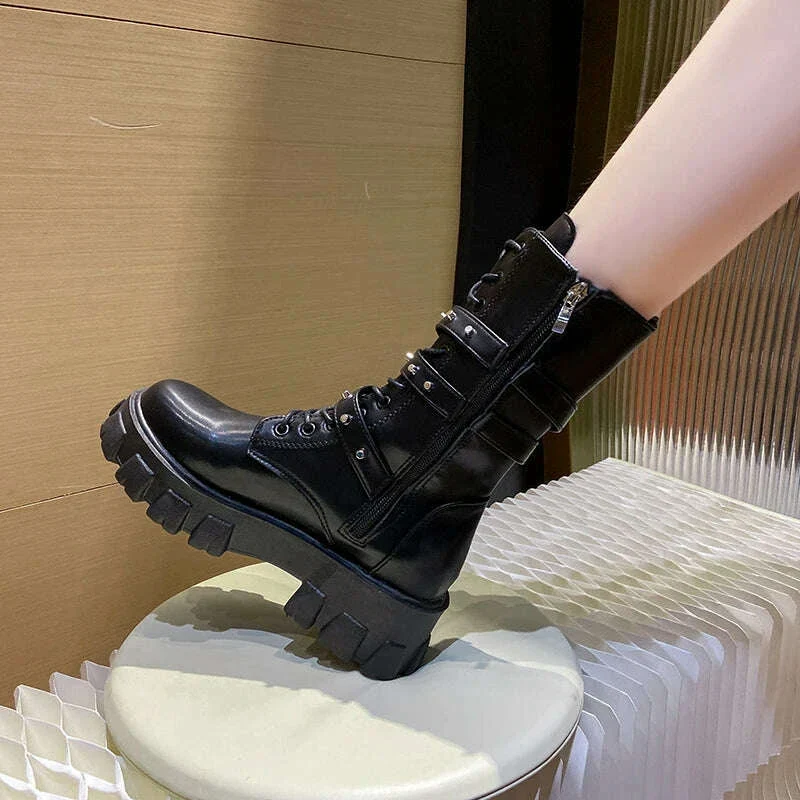 WOMEN ANKLE BOOTS Goth Boots Woman Winter 2022 Platform Shoes Sneakers Studded Belt Buckle Punk Army Chunky Heels Mid Calf Boots - Image 5