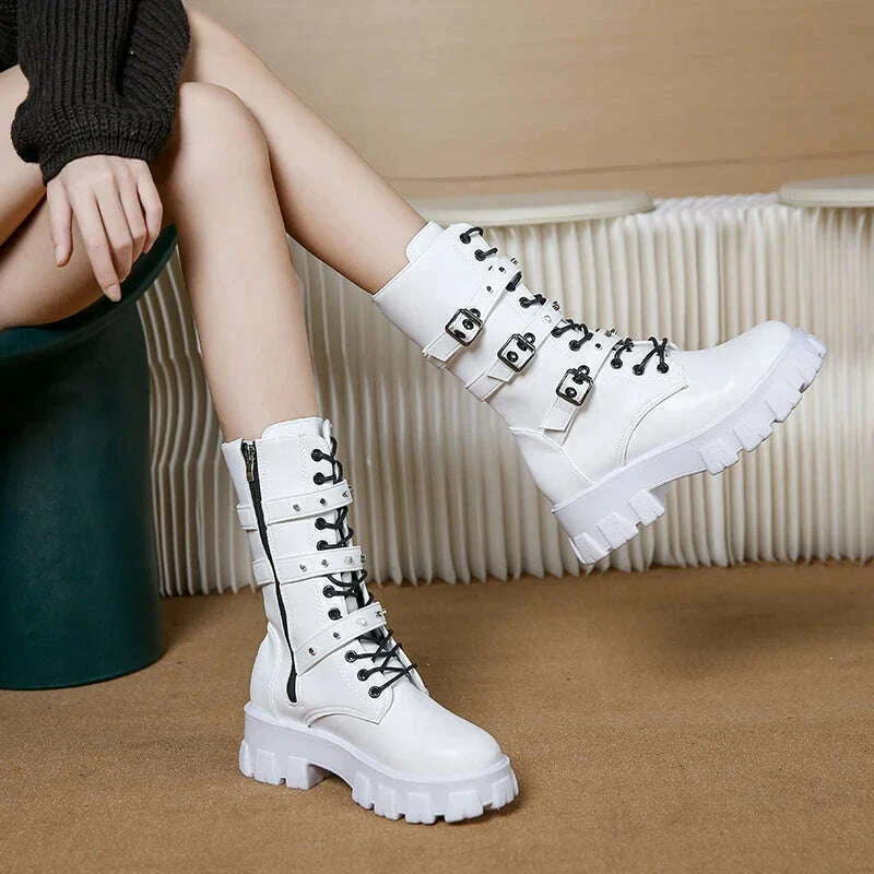 WOMEN ANKLE BOOTS Goth Boots Woman Winter 2022 Platform Shoes Sneakers Studded Belt Buckle Punk Army Chunky Heels Mid Calf Boots - Image 6