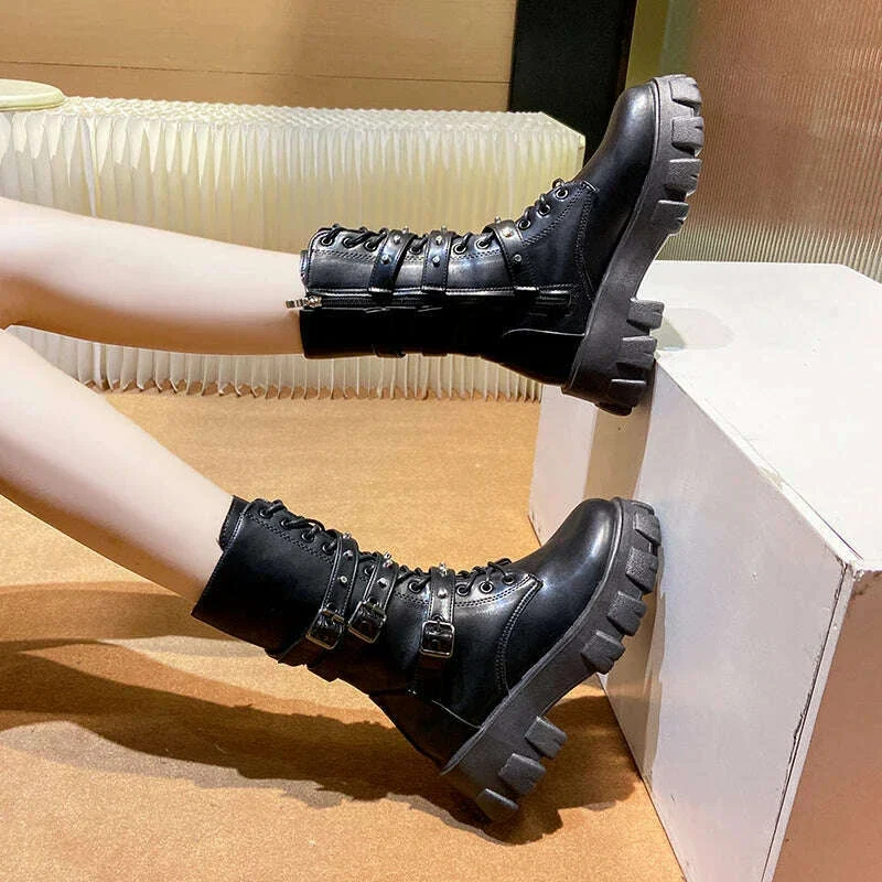 WOMEN ANKLE BOOTS Goth Boots Woman Winter 2022 Platform Shoes Sneakers Studded Belt Buckle Punk Army Chunky Heels Mid Calf Boots - Image 7