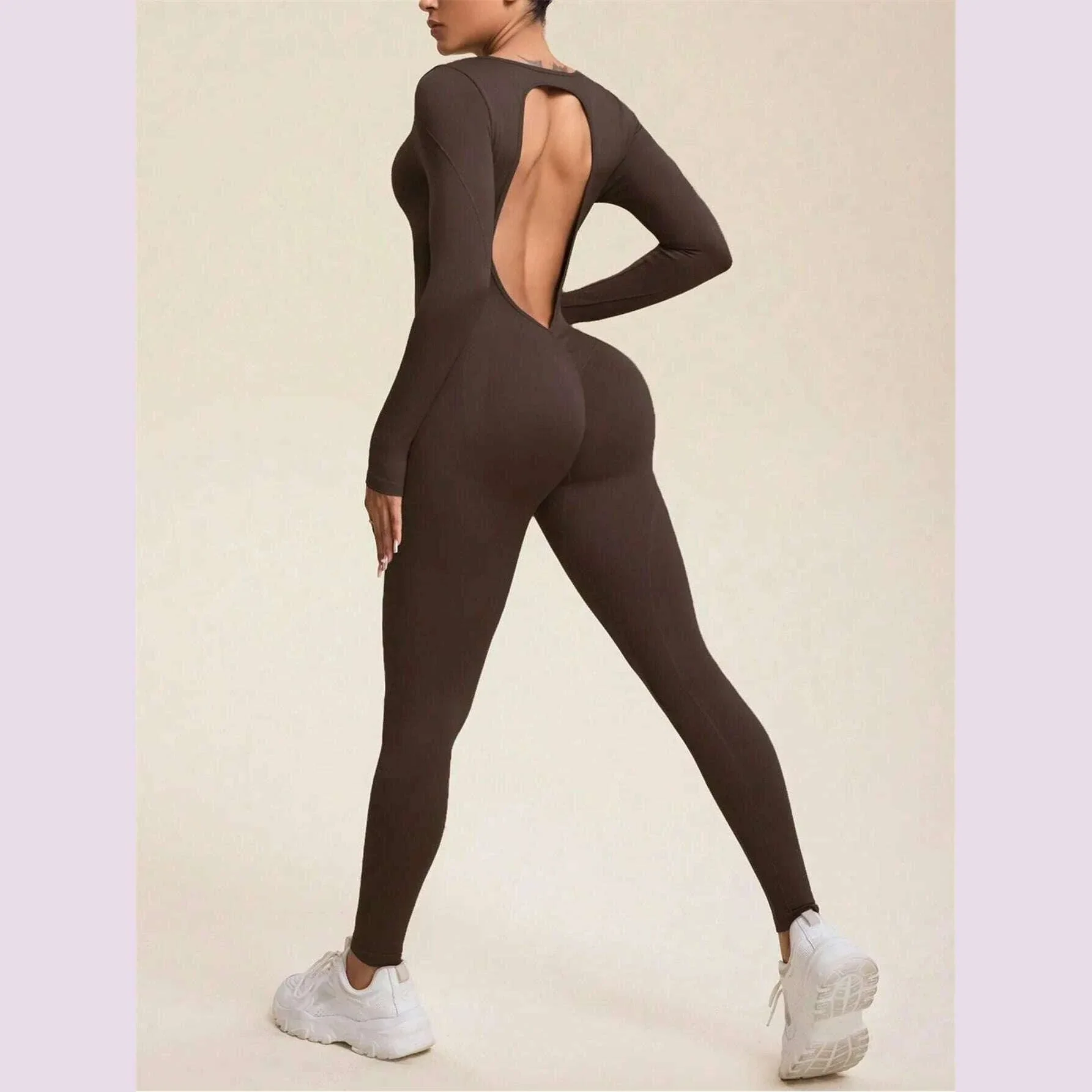 Women Jumpsuits Long Sleeve Sexy Backless Bodycon Rompers Scrunch Butt V Back Playsuit Workout Bodysuit - Image 12