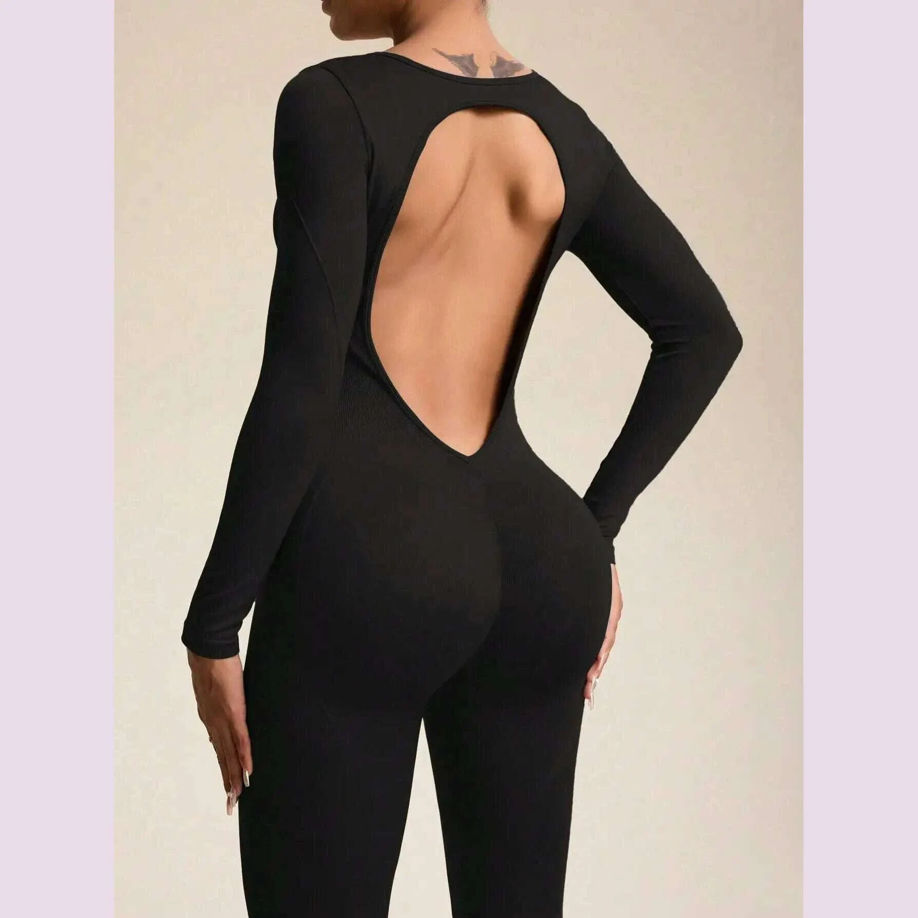 Women Jumpsuits Long Sleeve Sexy Backless Bodycon Rompers Scrunch Butt V Back Playsuit Workout Bodysuit - Image 3