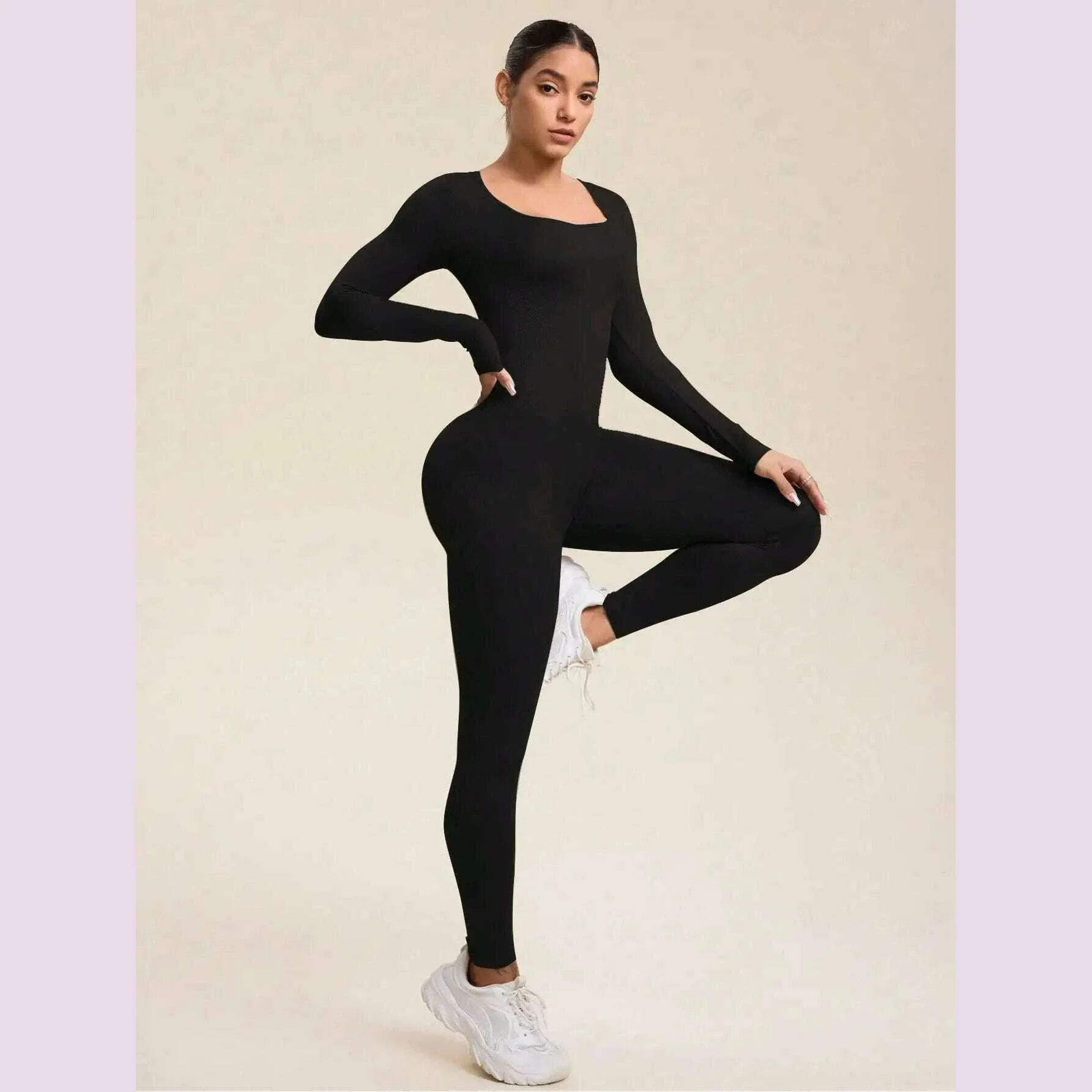 Women Jumpsuits Long Sleeve Sexy Backless Bodycon Rompers Scrunch Butt V Back Playsuit Workout Bodysuit - Image 4