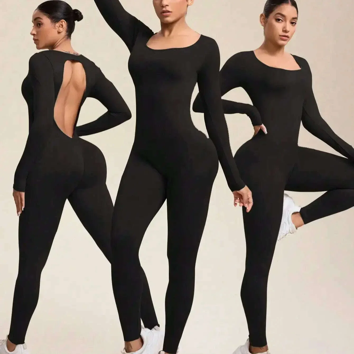 Women Jumpsuits Long Sleeve Sexy Backless Bodycon Rompers Scrunch Butt V Back Playsuit Workout Bodysuit - Image 6