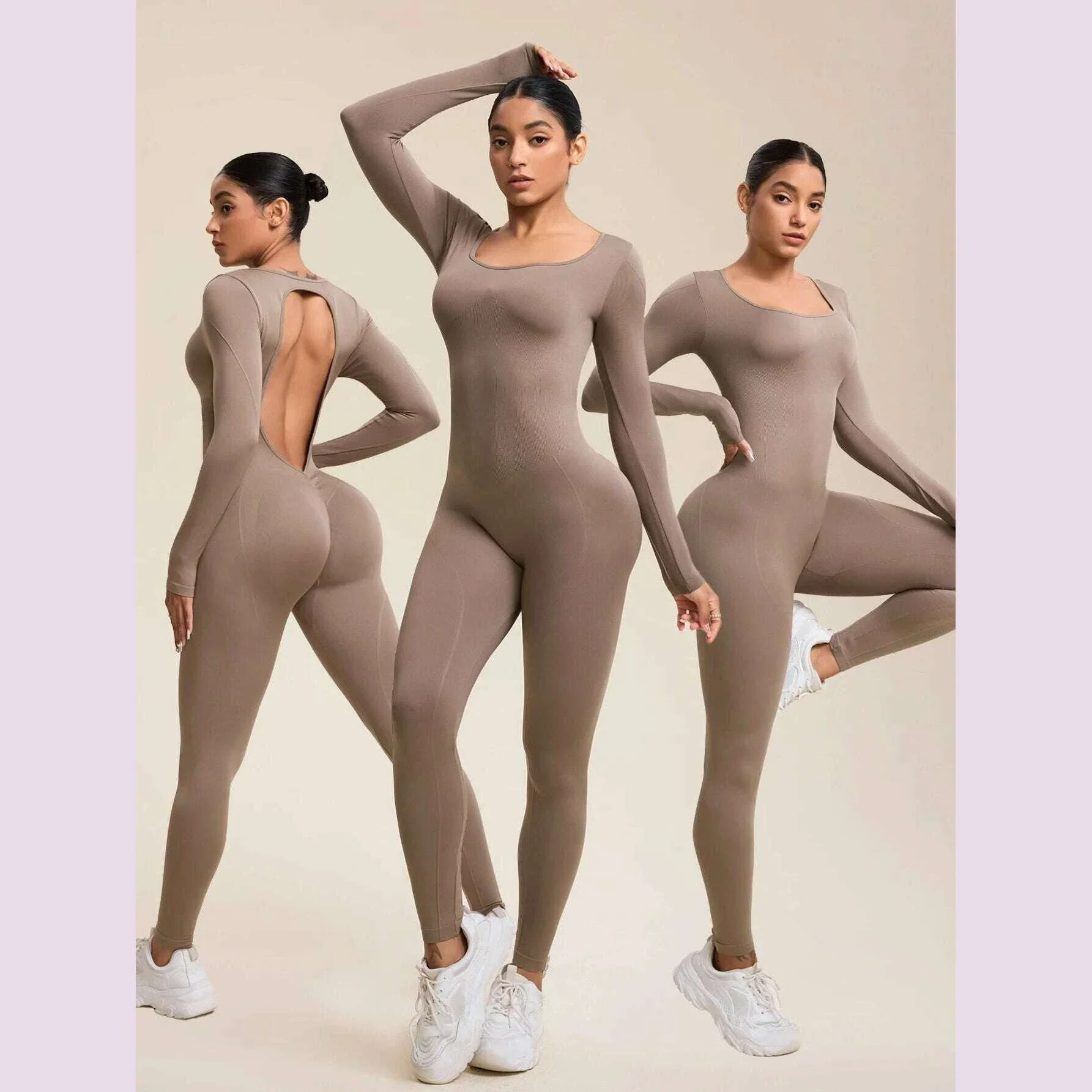 Women Jumpsuits Long Sleeve Sexy Backless Bodycon Rompers Scrunch Butt V Back Playsuit Workout Bodysuit - Image 7