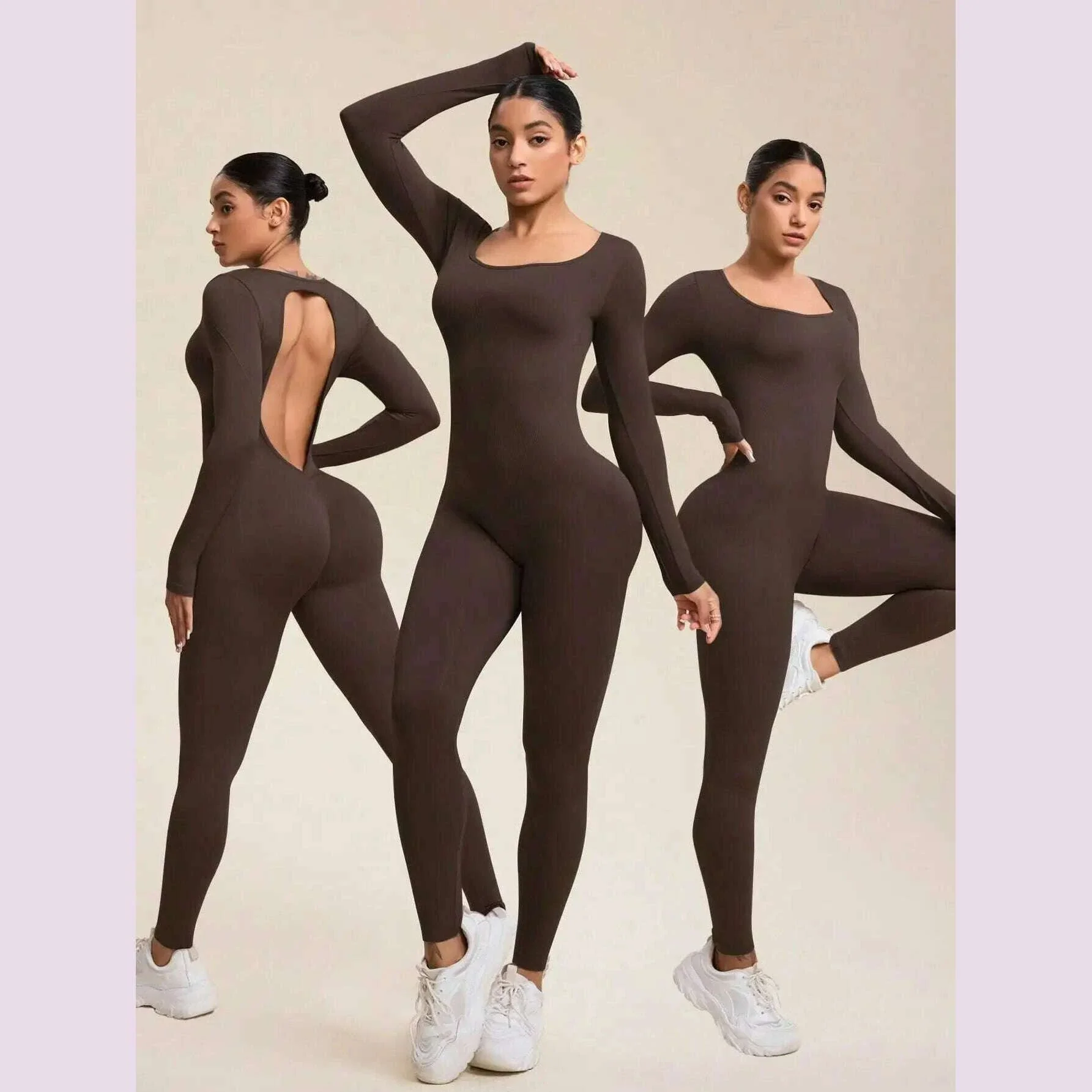 Women Jumpsuits Long Sleeve Sexy Backless Bodycon Rompers Scrunch Butt V Back Playsuit Workout Bodysuit - Image 9