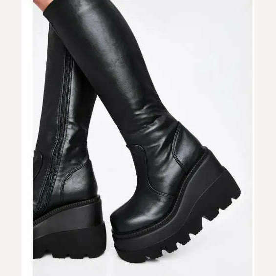Women Knee High Boots Women's Zip Leather Buckle High Boots Woman Low Heels Ladies Buckle Belt Female Shoes Gothic Shoes - Image 12