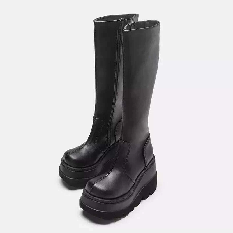 Women Knee High Boots Women's Zip Leather Buckle High Boots Woman Low Heels Ladies Buckle Belt Female Shoes Gothic Shoes - Image 3