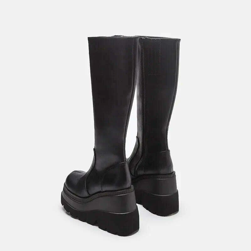 Women Knee High Boots Women's Zip Leather Buckle High Boots Woman Low Heels Ladies Buckle Belt Female Shoes Gothic Shoes - Image 4