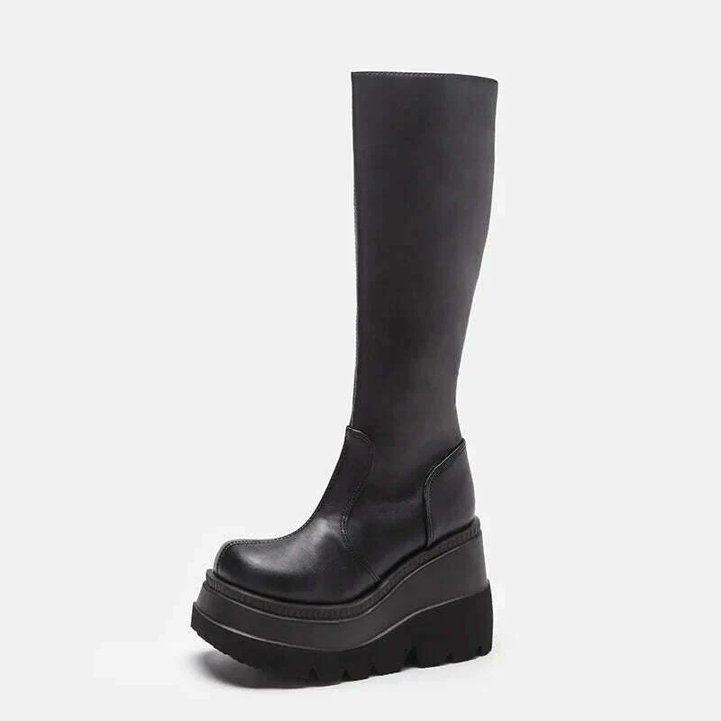 Women Knee High Boots Women's Zip Leather Buckle High Boots Woman Low Heels Ladies Buckle Belt Female Shoes Gothic Shoes - Image 6