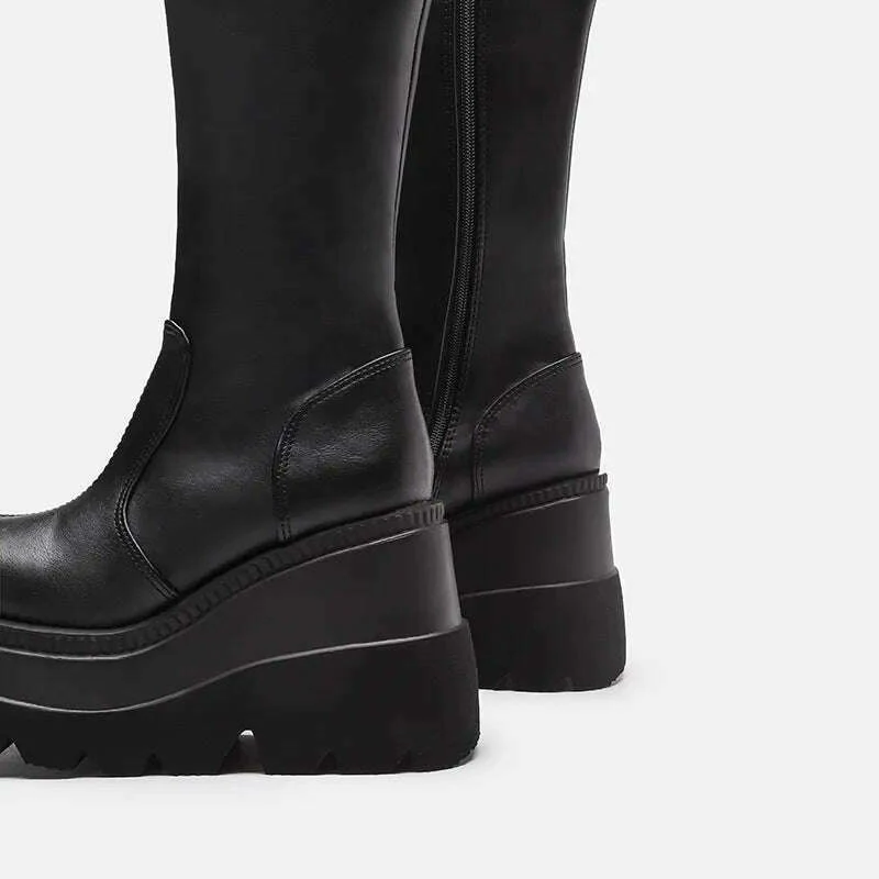 Women Knee High Boots Women's Zip Leather Buckle High Boots Woman Low Heels Ladies Buckle Belt Female Shoes Gothic Shoes - Image 8
