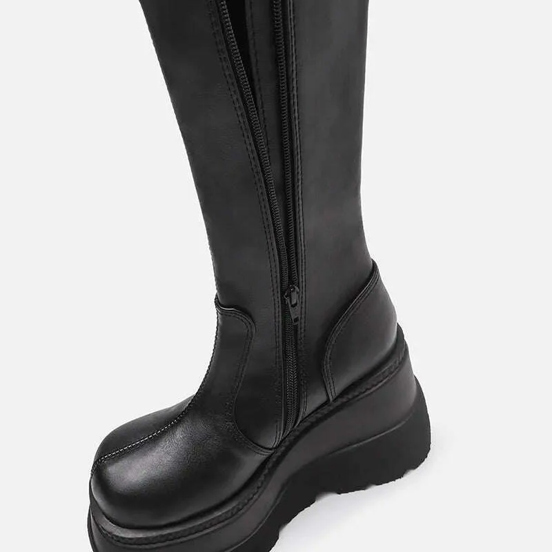 Women Knee High Boots Women's Zip Leather Buckle High Boots Woman Low Heels Ladies Buckle Belt Female Shoes Gothic Shoes - Image 9