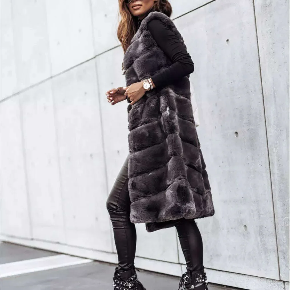 Women Long Faux Fur Autumn Winter Long Round Neck Fur Vests Coat Overcoat Sleeveless High Waist Solid Color - Image 10
