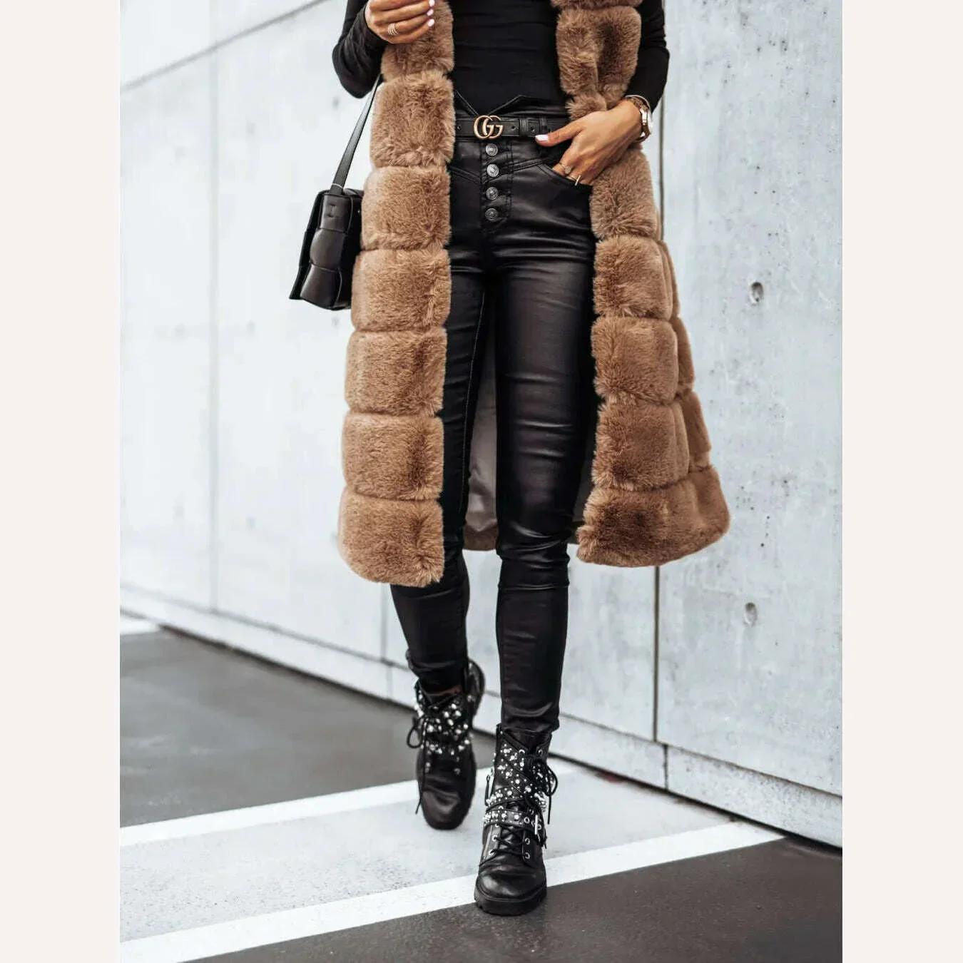 Women Long Faux Fur Autumn Winter Long Round Neck Fur Vests Coat Overcoat Sleeveless High Waist Solid Color - Image 11