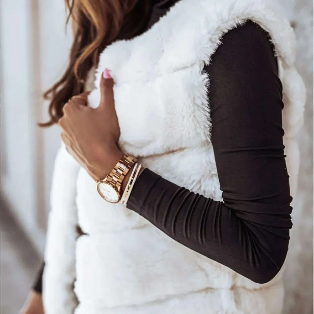 Women Long Faux Fur Autumn Winter Long Round Neck Fur Vests Coat Overcoat Sleeveless High Waist Solid Color - Image 3